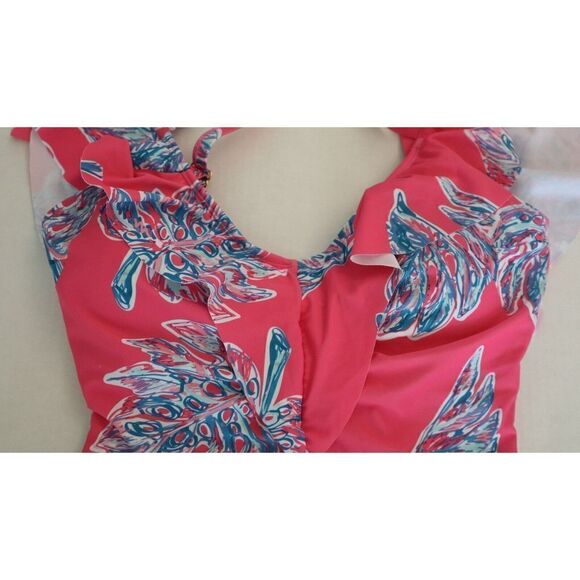Nicole Miller Women's Sz S Pink Floral Cold Shoulder w/Ruffle 1-Pc Swimsuit $120 - Picture 3 of 7
